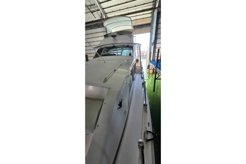 Slide: The Image of 1977 Bertram 42 Flybridge Motor Yacht in a boat shed, side view. - 24
