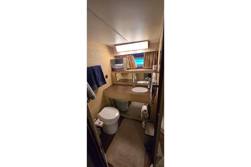 Slide: The Image of 1977 Bertram 42 Flybridge Motor Yacht bathroom with sink, toilet, and wooden countertop. - 35