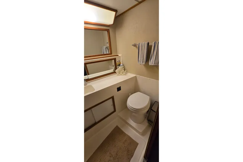 Slide: The Image of Bathroom interior of 1977 Bertram 42 Flybridge Motor Yacht, featuring toilet and mirror. - 49