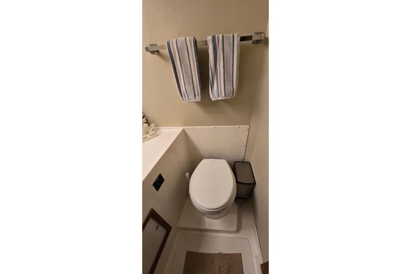 Slide: The Image of 1977 Bertram 42 Flybridge Motor Yacht bathroom with toilet and striped towels. - 51