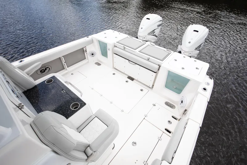 Slide: The Image of 2021 Sea Fox 368 Commander cockpit with everything needed for a day on the water including the dual 425 HP outboard engines positioned for exceptional maneuverability and boat handling. - 17