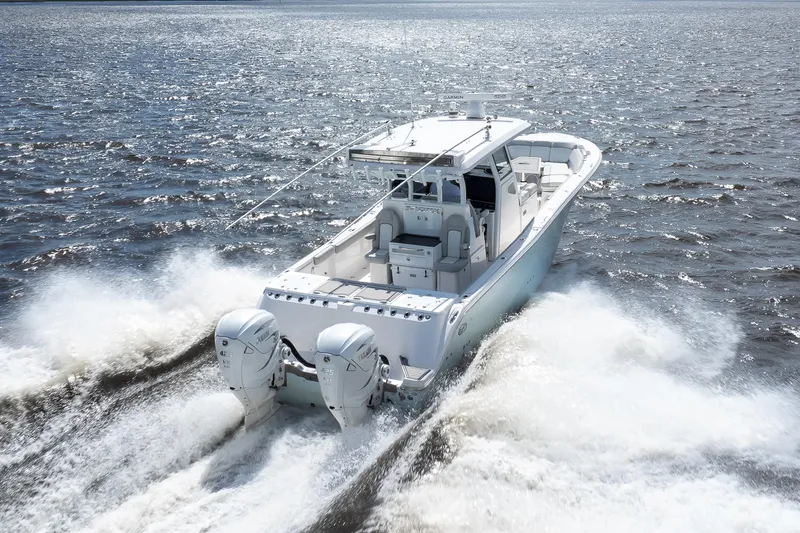 Slide: The Image of Sea Fox 368 Commander 2021 cruising on open water with twin engines. - 28