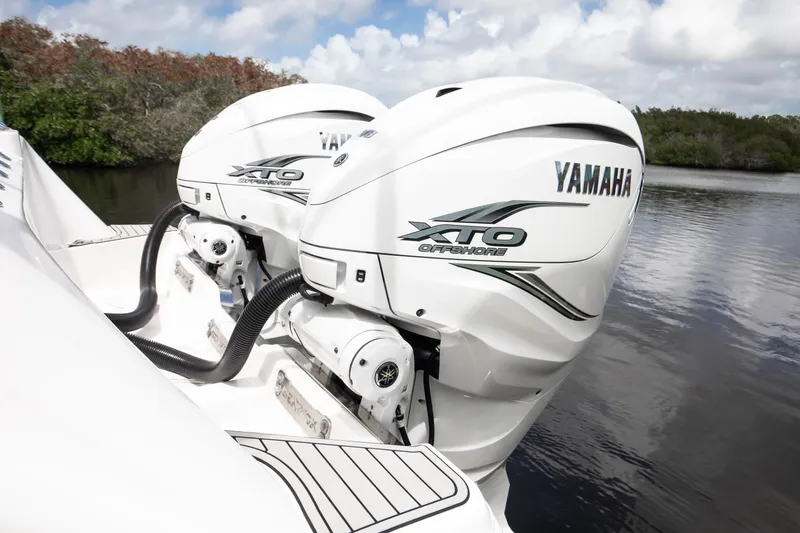 Slide: The Image of Twin Yamaha 425 HP XTO Offshore engines on a 2021 Sea Fox 368 Commander. - 29