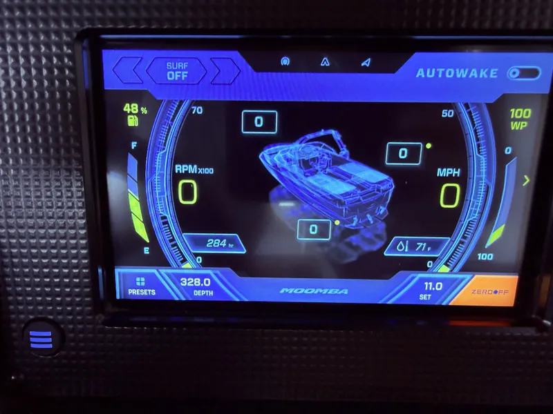 Slide: The Image of 2019 Moomba Makai boat display with Autowake and surf options. - 23