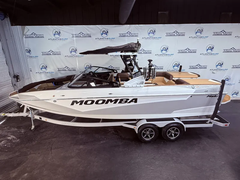 Slide: The Image of 2019 Moomba Makai boat on trailer in showroom. - 3