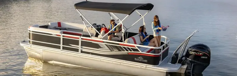 The Image of SunCatcher Select 322SL 2026 pontoon boat on calm water. - 1