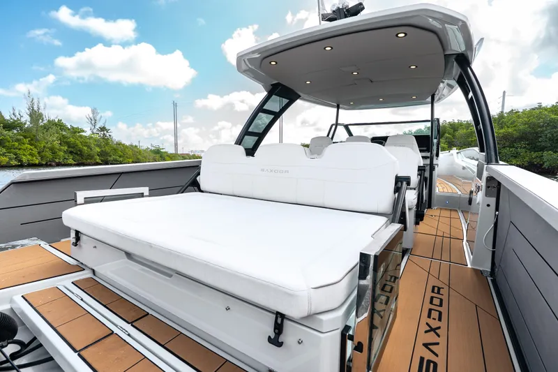 Slide: The Image of 2024 Saxdor 320 GTO luxury boat interior with sleek seating and modern design. - 32
