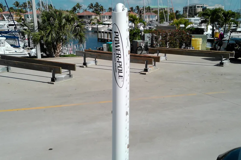 Slide: The Image of Marina scene with Power-Pole anchor, palm trees, and boats in the background. - 19