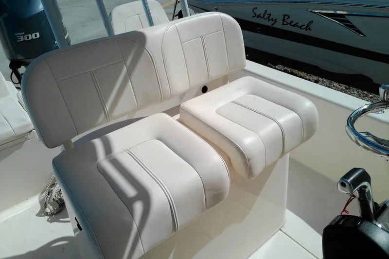 Slide: The Image of White seating on 2015 Grady-White 251 Coastal Explorer boat, featuring dual cushioned seats. - 23