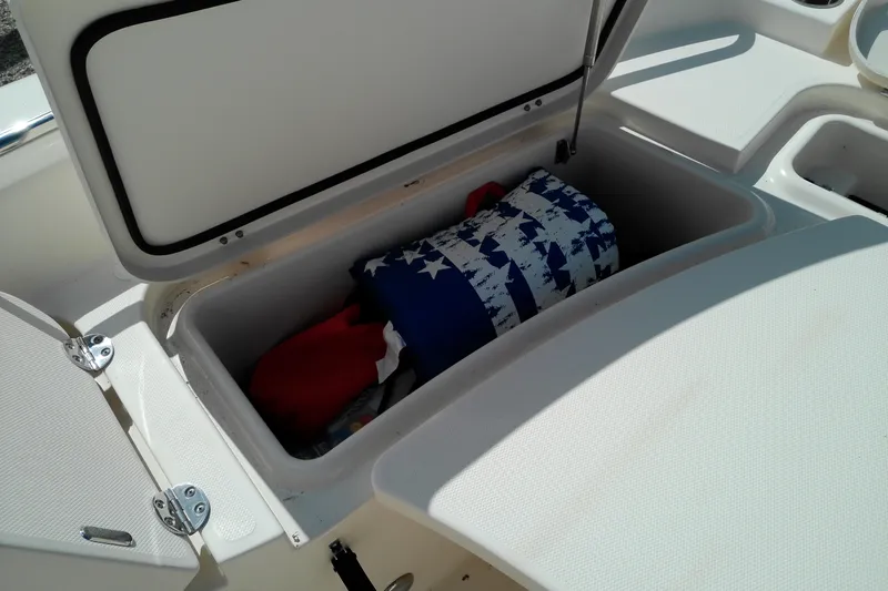 Slide: The Image of Storage compartment on 2015 Grady-White 251 Coastal Explorer boat with colorful items inside. - 31