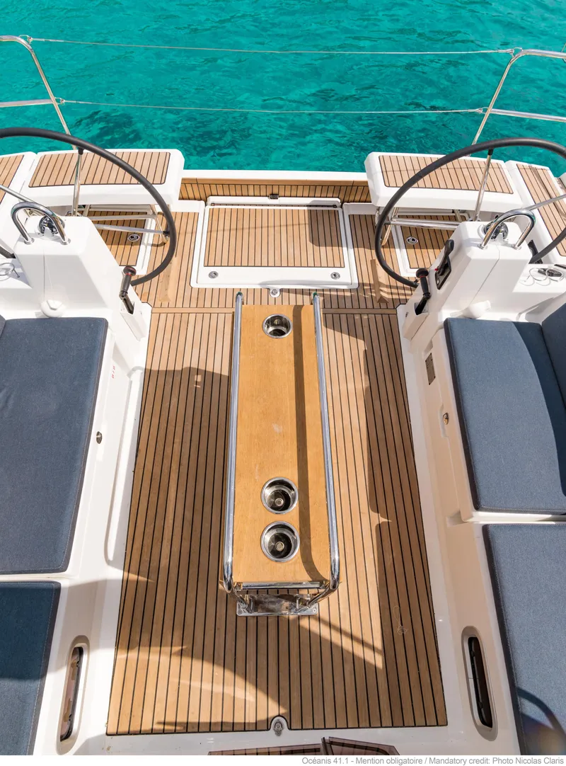 Slide: The Image of Beneteau Oceanis 41.1 cockpit with teak decking and blue water, 2017 model. - 20