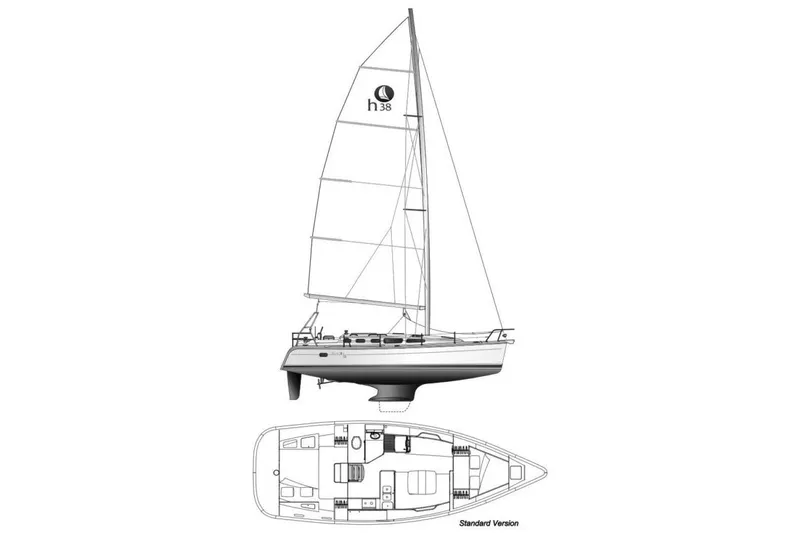 Slide: The Image of Diagram of a 2007 Hunter 38 sailboat with interior layout and sail plan. - 16