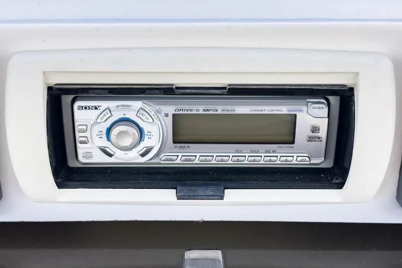 Slide: The Image of Sony marine stereo system in a 2007 Hunter 38 boat dashboard. - 21