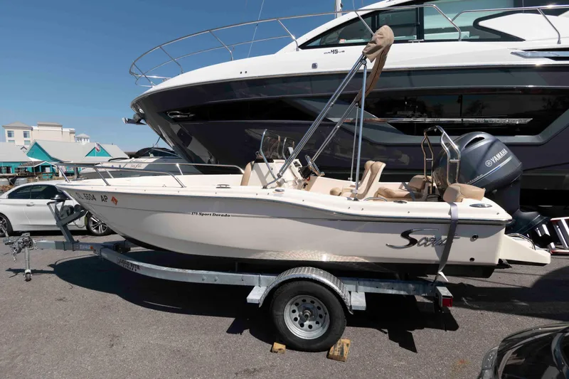 Slide: The Image of 2023 Scout 175 Sportfish boat with Yamaha 115 engine, parked outdoors. - 2