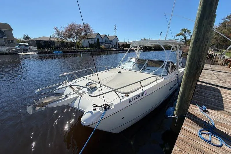 The Image of 2019 World Cat 255 DC boat docked on a sunny day by waterfront homes. - 0