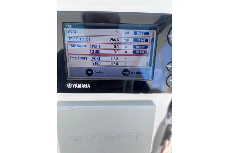 Slide: The Image of Yamaha display on 2018 Albemarle 29 Express showing trip distance and engine hours. - 37
