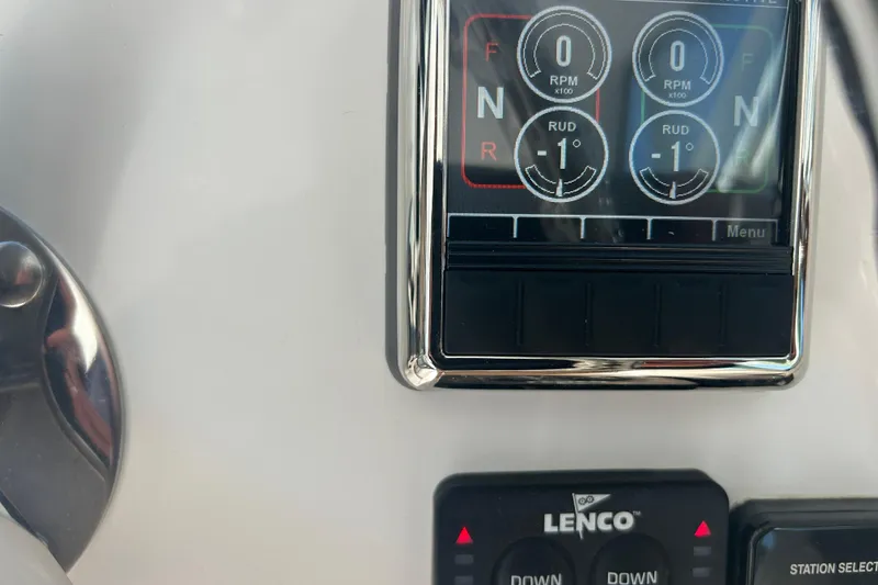 Slide: The Image of Control panel of a 2018 Albemarle 29 Express boat, displaying RPM and rudder settings. - 44