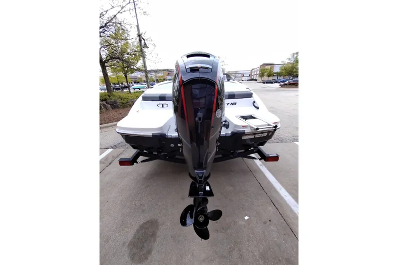 Slide: The Image of 2026 Tahoe T18 boat rear view with outboard motor in parking lot. - 10