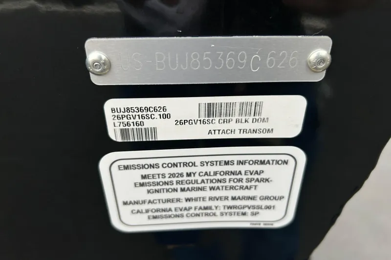 Slide: The Image of 2026 Tracker Pro Guide V-16 SC emissions control label and serial number plate. - 67