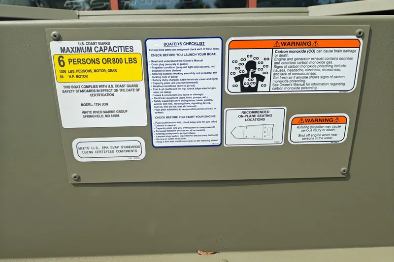 Slide: The Image of Tracker Grizzly 1754 Utility 2026 boat safety labels and warnings, including capacity and carbon monoxide alerts. - 29