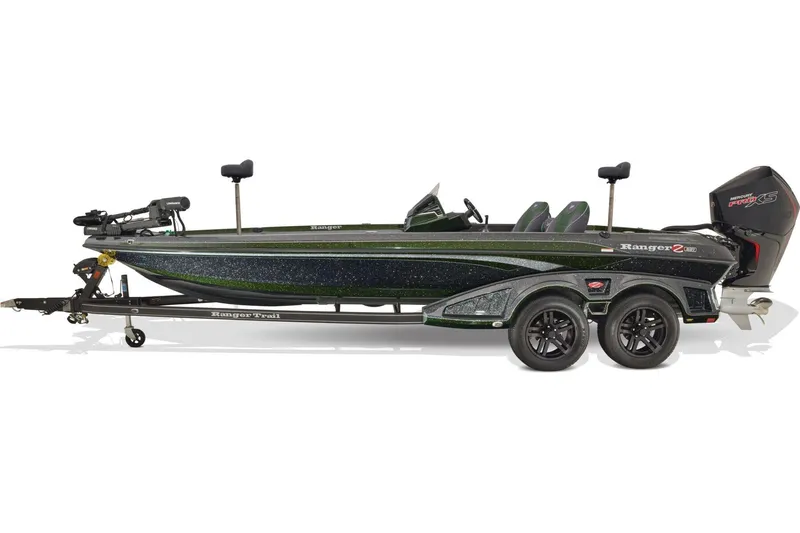 Slide: The Image of 2026 Ranger Z521 boat with powerful outboard motor, parked outdoors under a clear blue sky. - 3