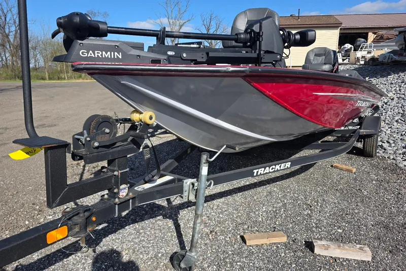 Slide: The Image of 2019 Tracker Pro Team 190 TX Tournament Edition boat on trailer, featuring Garmin equipment. - 2