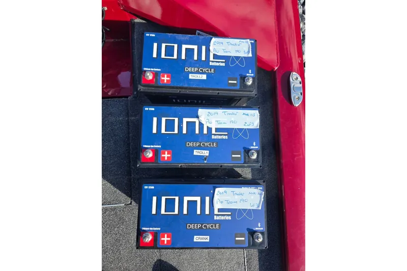 Slide: The Image of Three Ionic deep cycle batteries in a 2019 Tracker Pro Team 190 TX Tournament Edition boat. - 7