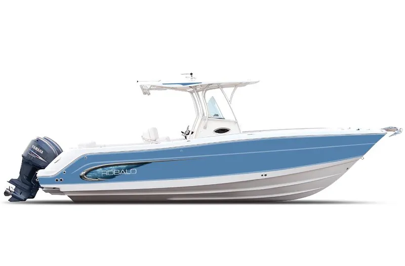 Slide: The Image of Manufacturer Provided Image: 2015 Robalo R300 Center Console boat with blue and white hull. - 41