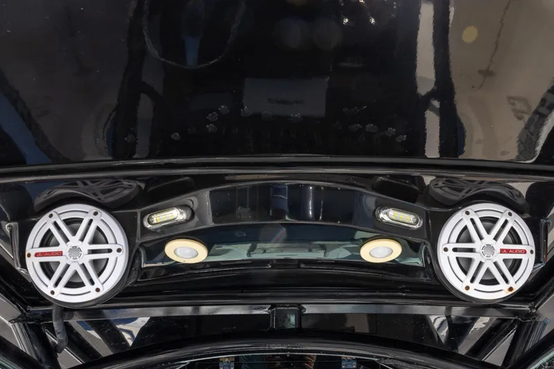 Slide: The Image of 2019 Wellcraft 262 Fisherman boat speakers and lights on black surface. - 14