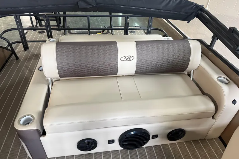 Slide: The Image of 2026 Bentley Pontoons 253 Elite Swingback Dual Capt EXT interior seating with premium upholstery. - 17