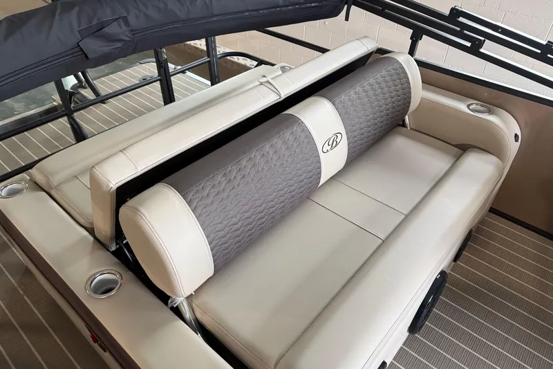 Slide: The Image of 2026 Bentley Pontoons 253 Elite Swingback Dual Capt EXT seating area with luxurious upholstery. - 20