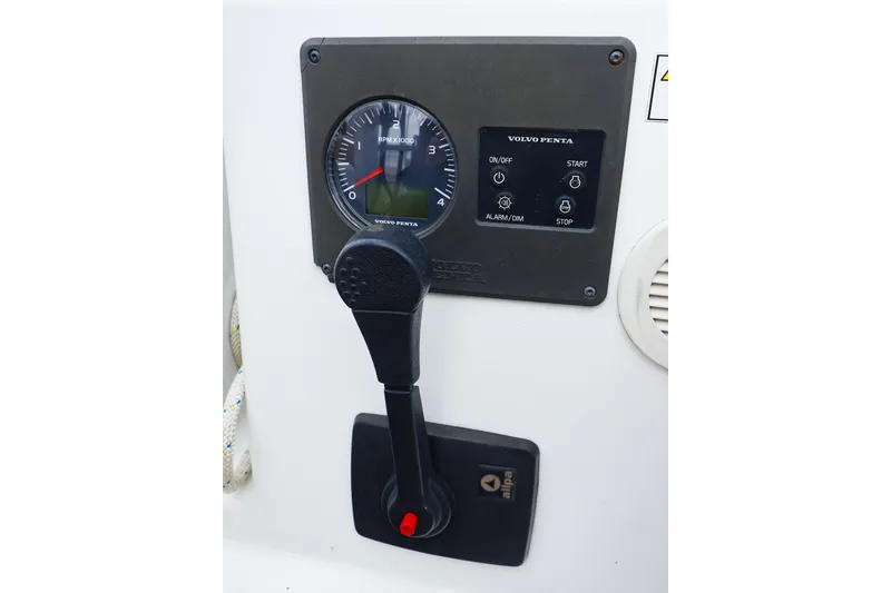 Slide: The Image of Control panel of a 2019 Hanse 418 sailboat with Volvo Penta throttle and gauge. - 10