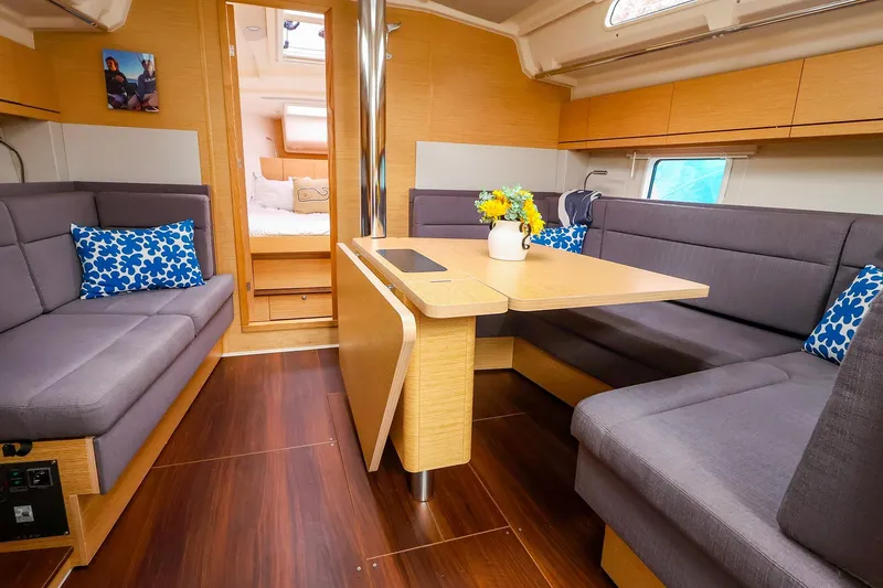 Slide: The Image of Modern interior of 2019 Hanse 418 yacht with cozy seating and stylish decor. - 25