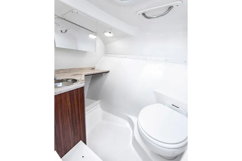 Slide: The Image of Manufacturer Provided Image: 2025 Pursuit DC 306 Dual Console boat bathroom with sink and toilet. - 15