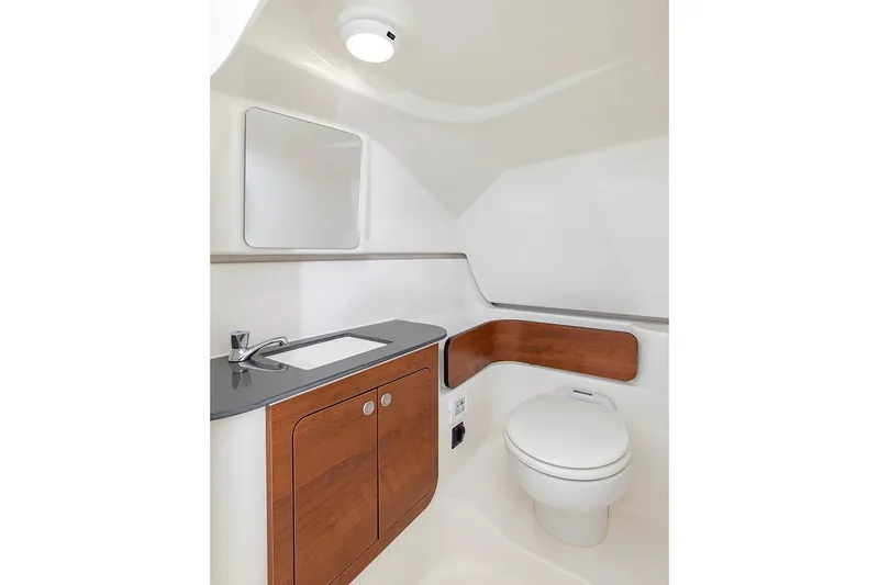 Slide: The Image of Manufacturer Provided Image: 2026 Pursuit DC 286 Dual Console boat bathroom with sink, mirror, and toilet. - 14