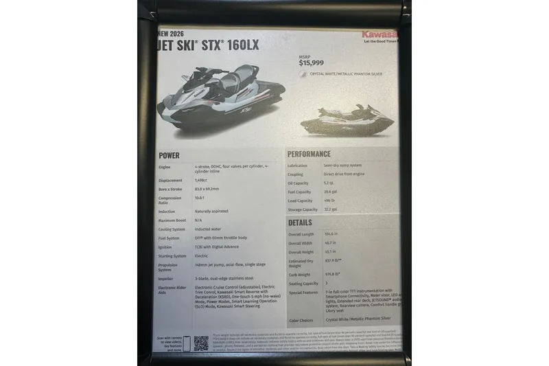 Slide: The Image of 2026 Kawasaki Jet Ski STX 160LX specifications and features displayed on a promotional poster. - 13