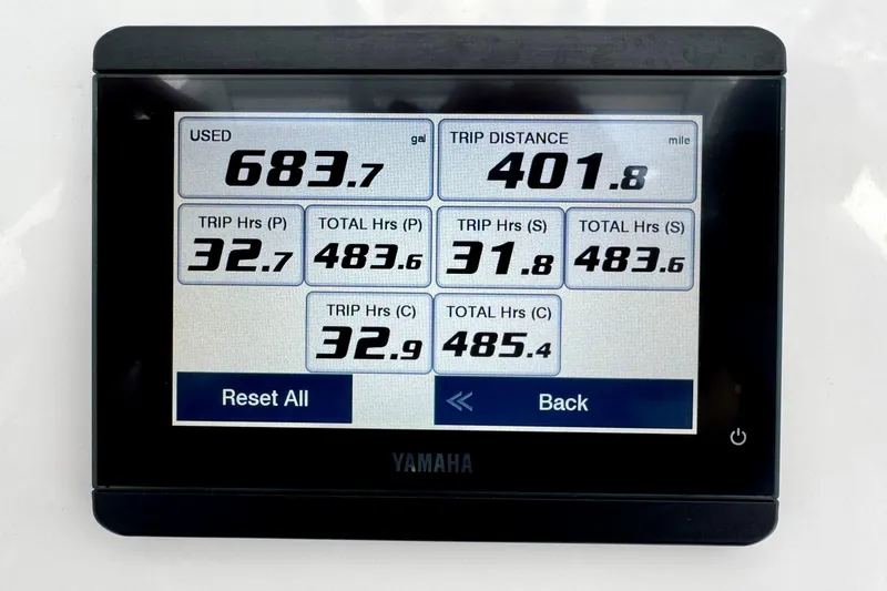 Slide: The Image of Digital display showing fuel usage and trip data for Everglades 395 Center Console 2023. - 17