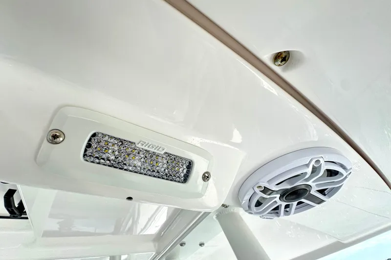 Slide: The Image of LED light and speaker on 2023 Everglades 395 Center Console boat ceiling. - 20