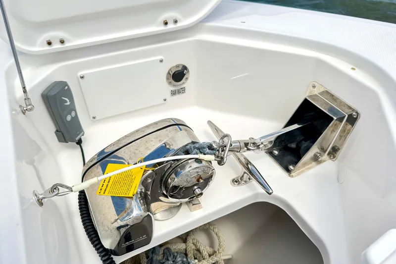 Slide: The Image of Anchor system on 2023 Everglades 395 Center Console boat, featuring stainless steel components. - 40