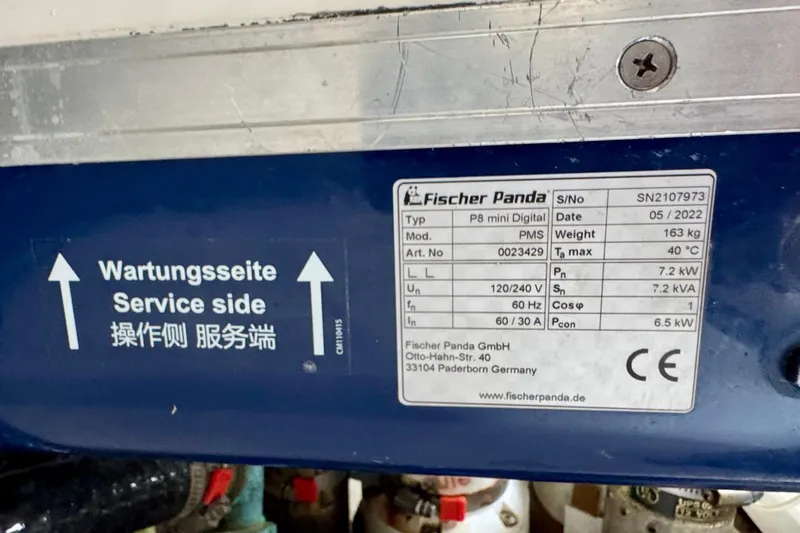 Slide: The Image of Fischer Panda generator label on Everglades 395 Center Console, 2023 model. - 54