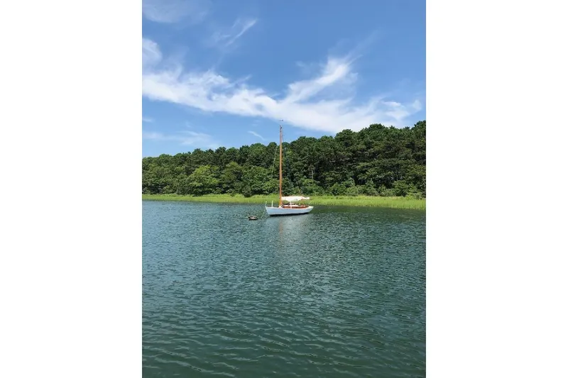 Slide: The Image of Sailboat Wianno Senior 2020 on calm water with lush green forest background. - 5