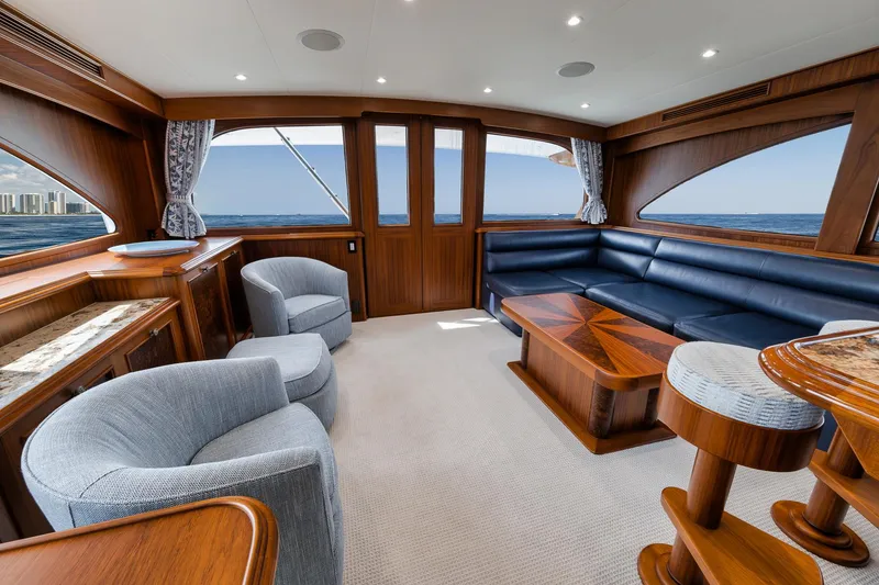 Slide: The Image of Luxurious interior of 2011 Jim Smith Custom Sportfish yacht with elegant wood and leather furnishings. - 24