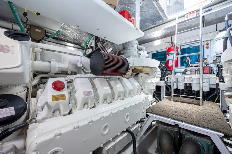 Slide: The Image of Engine room of 2020 Sunseeker Predator 74 XPS yacht, showcasing powerful machinery and equipment. - 24