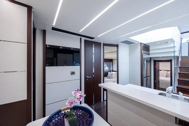 Slide: The Image of Luxurious interior of 2020 Sunseeker Predator 74 XPS yacht with modern design and elegant decor. - 36