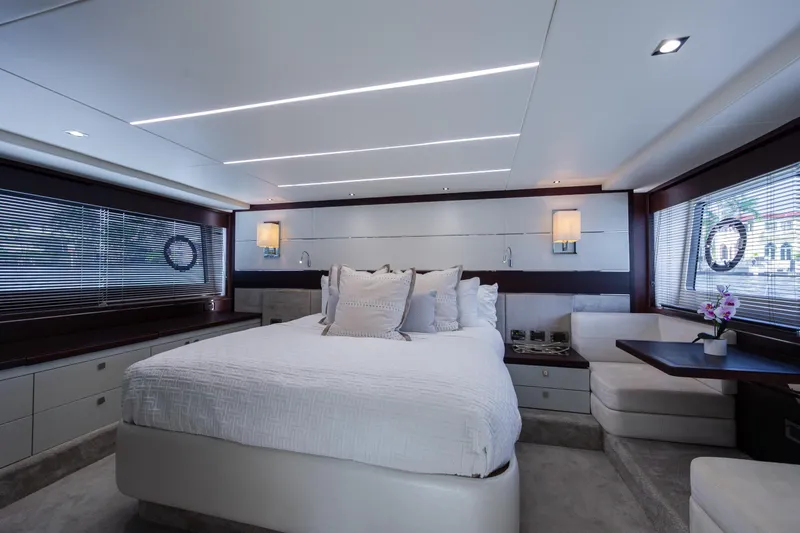 Slide: The Image of Luxurious bedroom interior of 2020 Sunseeker Predator 74 XPS yacht with modern design. - 56