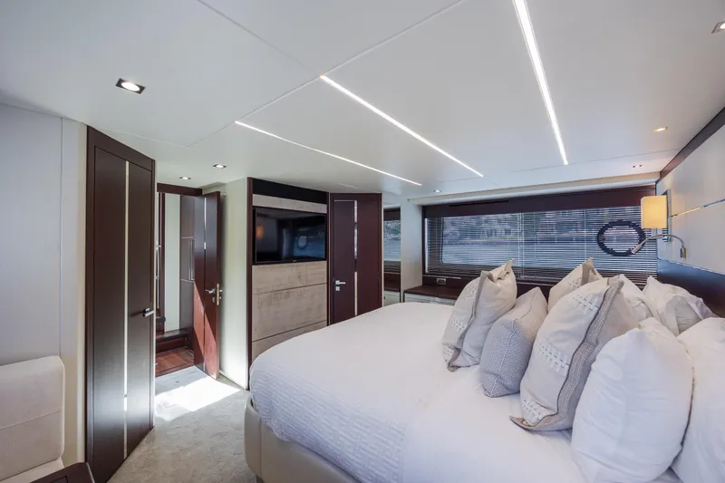 Slide: The Image of Luxurious bedroom interior of 2020 Sunseeker Predator 74 XPS yacht with modern design. - 58