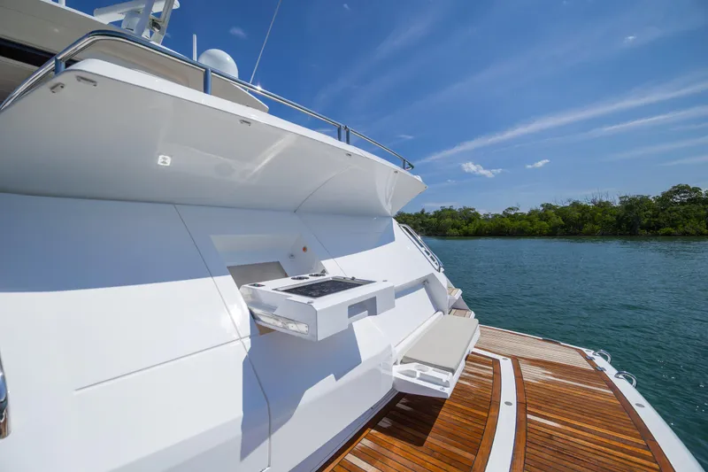 Slide: The Image of 2020 Sunseeker Predator 74 XPS yacht with sleek deck design on calm waters. - 72