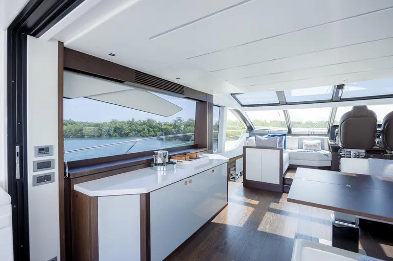 Slide: The Image of Luxurious interior of 2020 Sunseeker Predator 74 XPS yacht with modern design and panoramic windows. - 84
