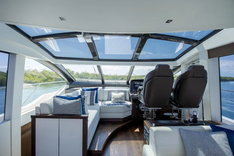 Slide: The Image of Luxurious interior of 2020 Sunseeker Predator 74 XPS yacht with panoramic windows. - 85