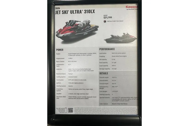 Slide: The Image of 2026 Kawasaki Jetski Ultra 310LX specifications and features, priced at $21,799, in Metallic Deep Red/Ebony. - 8